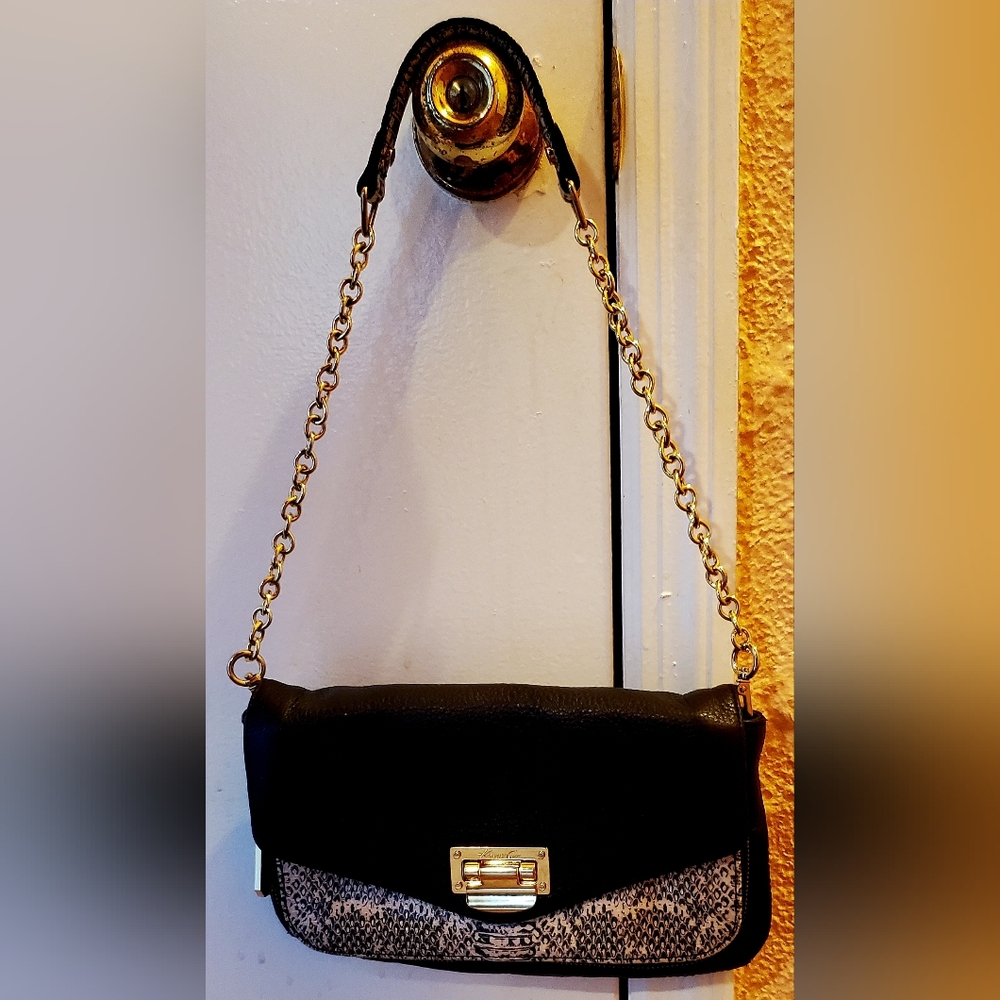 Kenneth Cole Leather Elegant Black and Tan Chain Shoulder Bag